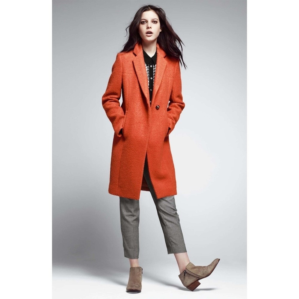 Kenneth‎ Cole Coat Notch Collar Bouclé Orange Women Size 4 Wool Blend Lined